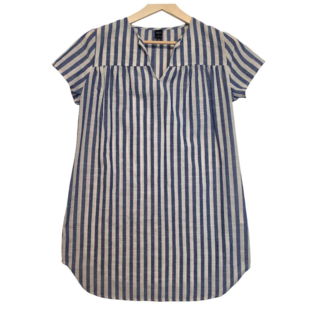 Emery Rose Vertical Stripe Blue White Short Sleeve V-Neck Shift Mini Dress Small